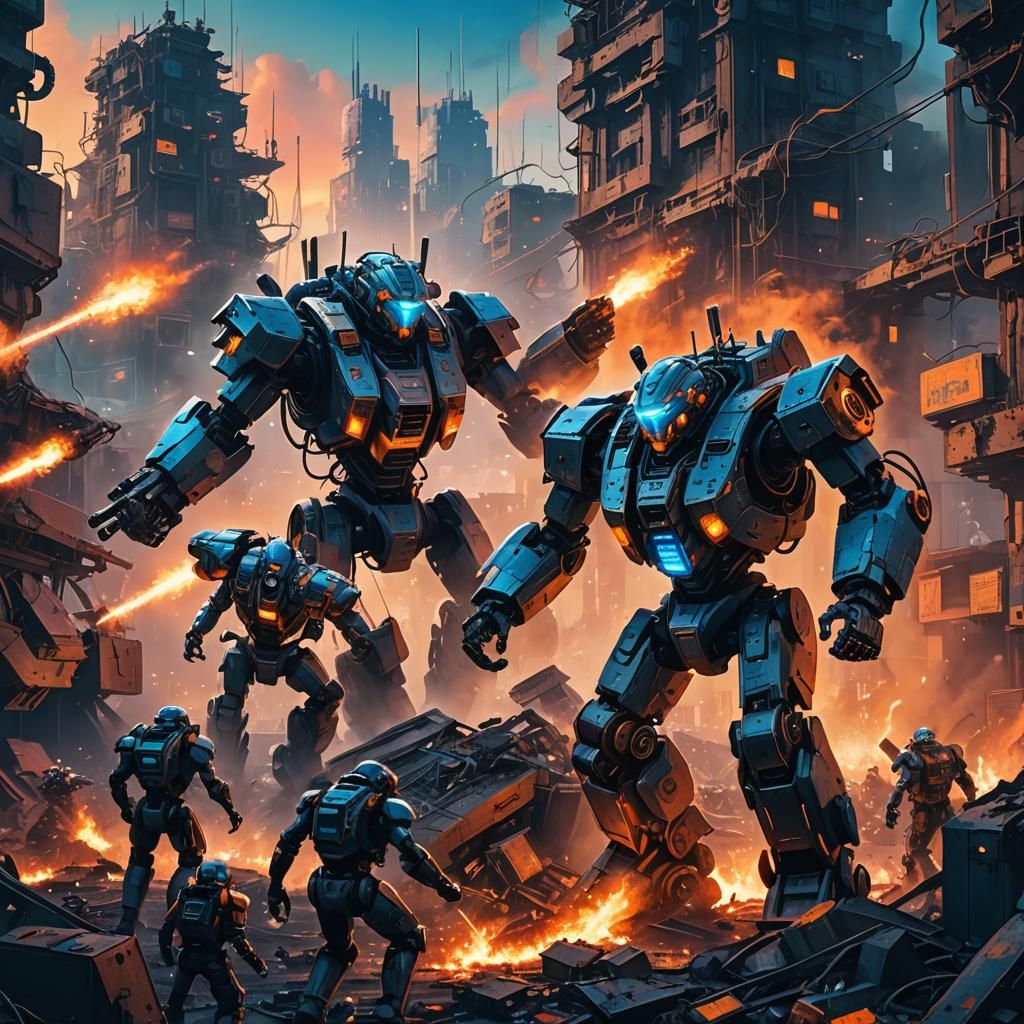 Robots Clash in Neon Cyberpunk Cityscape