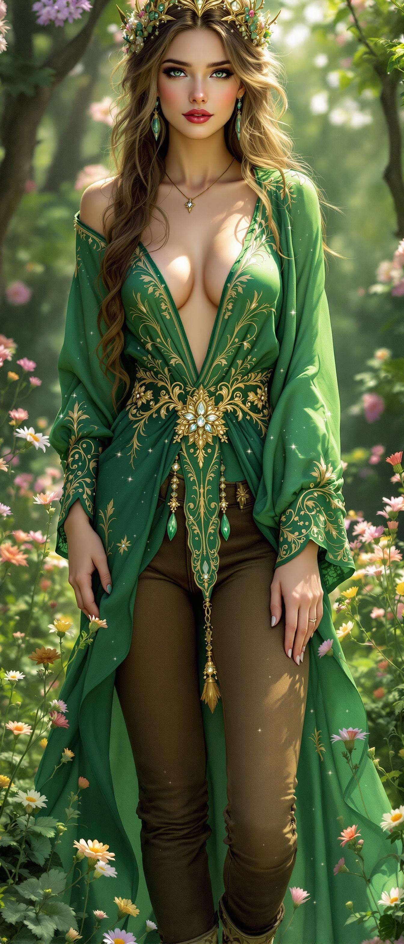 Regal Fairy Queen in Emerald Green Tunic and Wildflowers