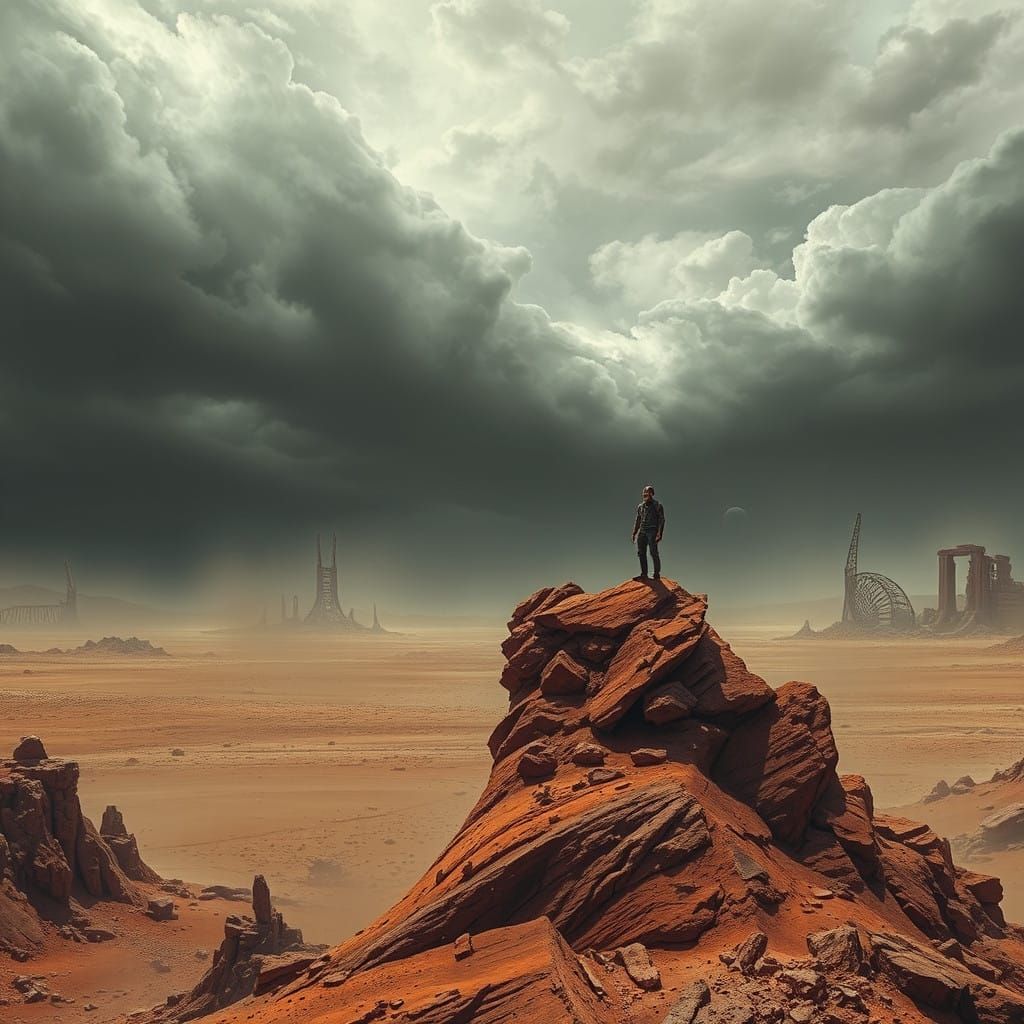 Rugged Sci-Fi Landscape with Ancient Ruins and Distorted Ski...