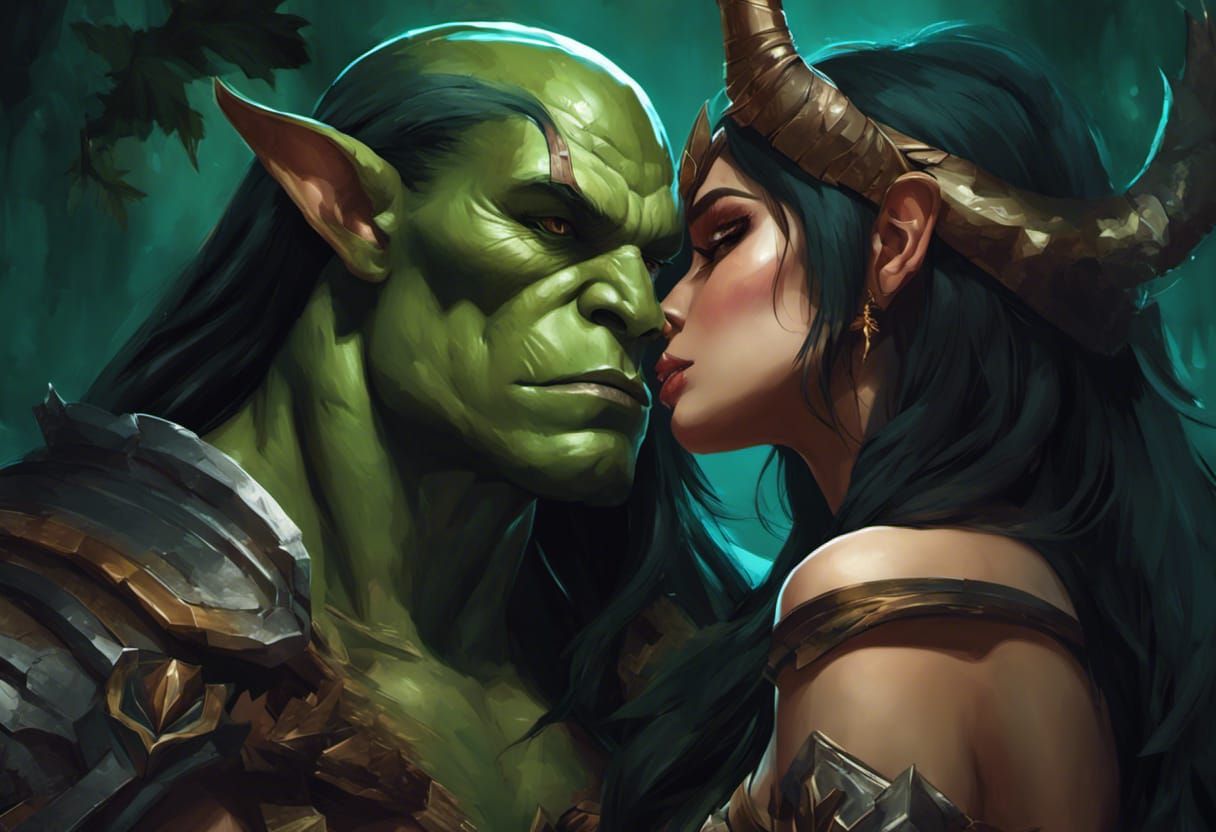 Orc and Fae Kiss: Vibrant Digital Art Portrait