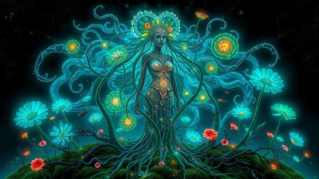 Bioluminescent Garden with Mirror Roots and Glowing Woman