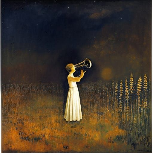 Boy Playing Trumpet at Night