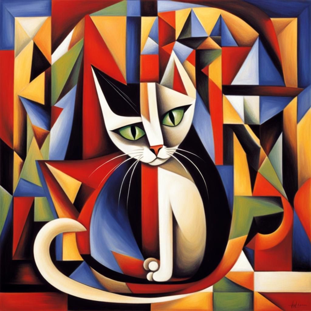 Kitten Entrepreneur in Whimsical Catnip Economy, Cubism Styl...