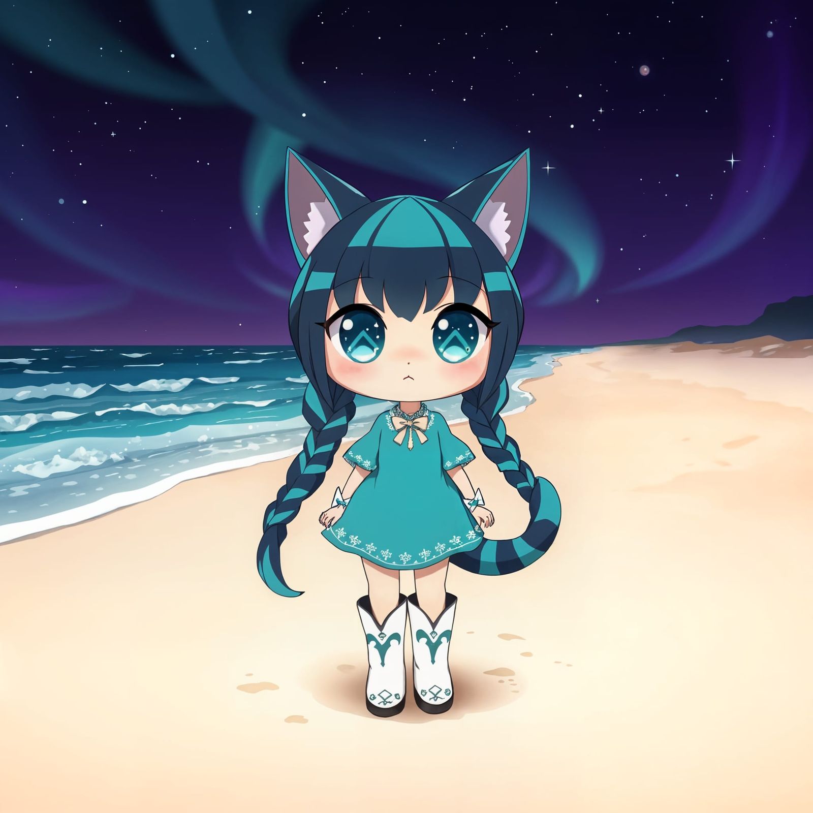 Anime Catgirl on Crystal Beach Under Starry Night Sky