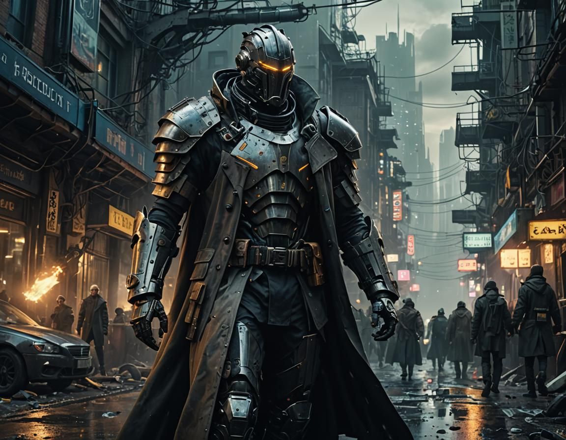Cyberpunk Knight in Trench Coat Digital Painting