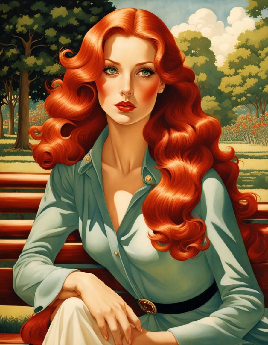 Beautiful Woman on Park Bench in Airbrush Style