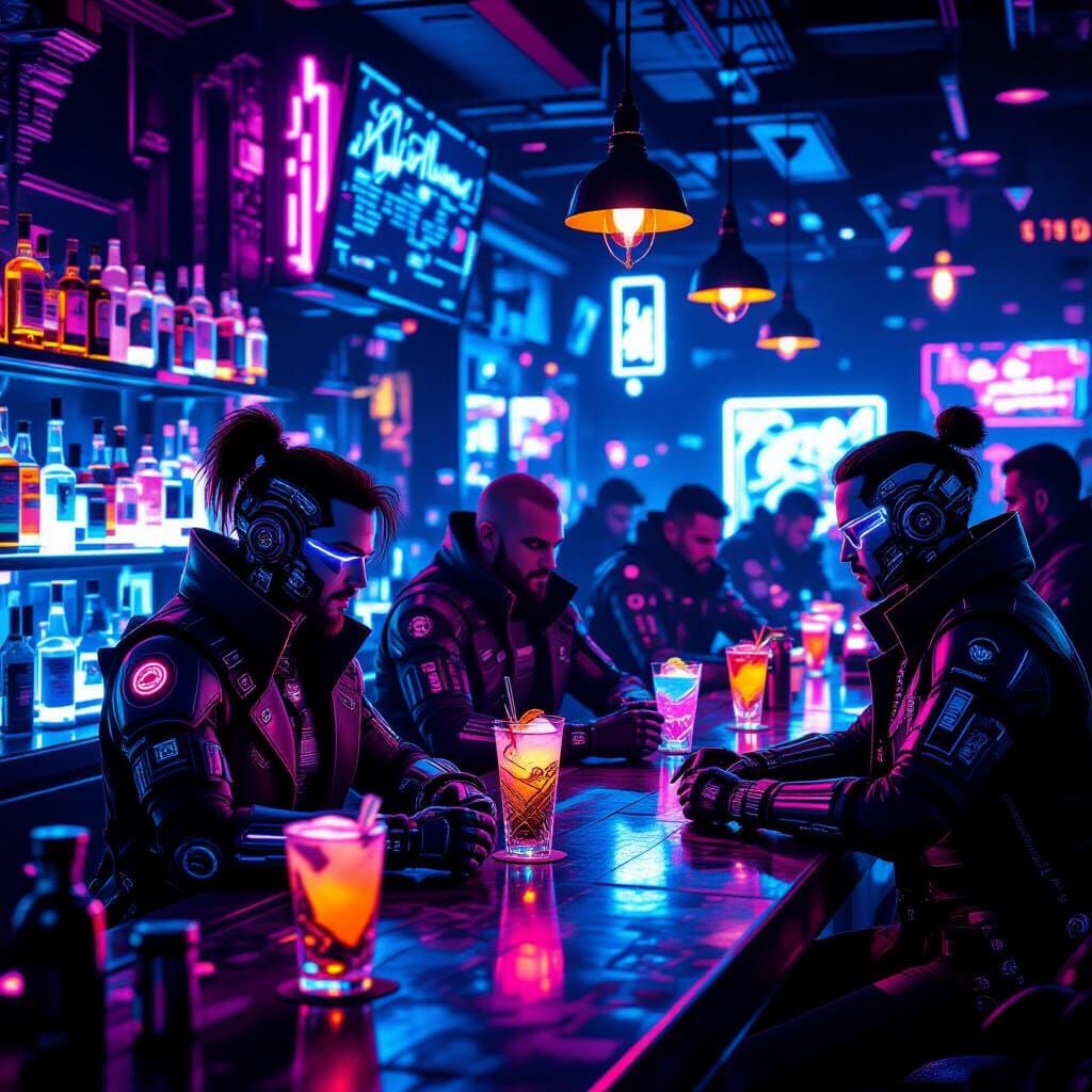 Cyberpunk Shadowrun Bar with Neon Lights and Cyber Cocktails