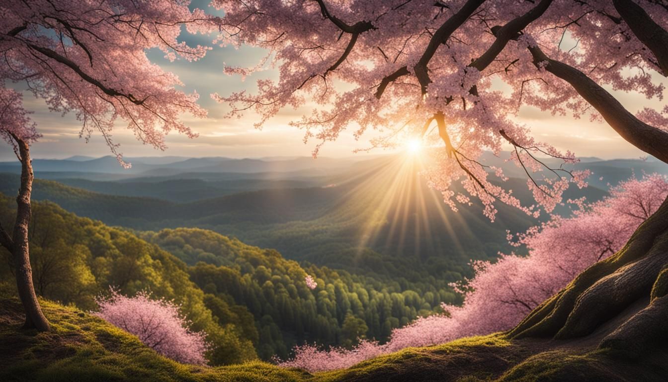 Sunbeams Through Cherry Blossoms: Forest Photography