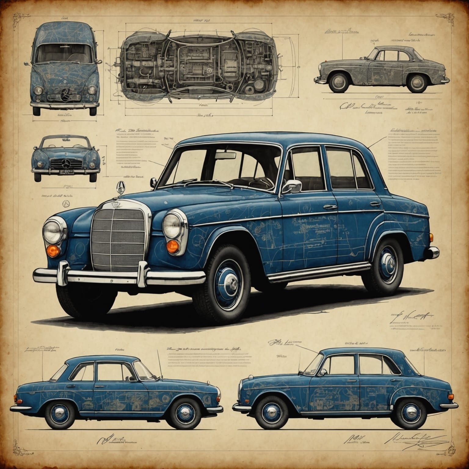 Detailed Blueprint of Vintage Mercedes-Benz in Ghibli Style