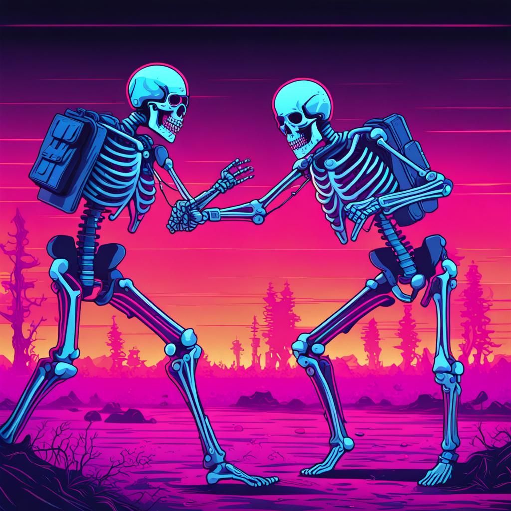 Skeleton Soldiers Fight in Synthwave Neon Style