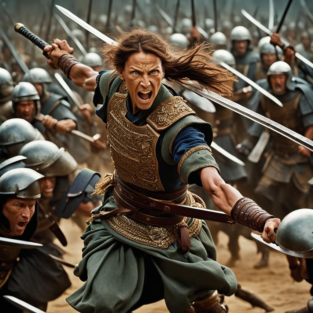 Dynamic Female Warrior in Battle Portrait