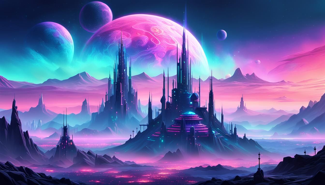Neon Cyberpunk Landscape with Glowing Spires