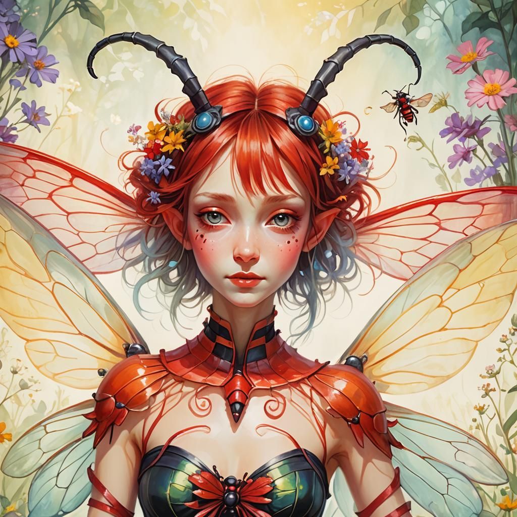 Red Wasp Fairy in Wildflower Garden: Digital Painting