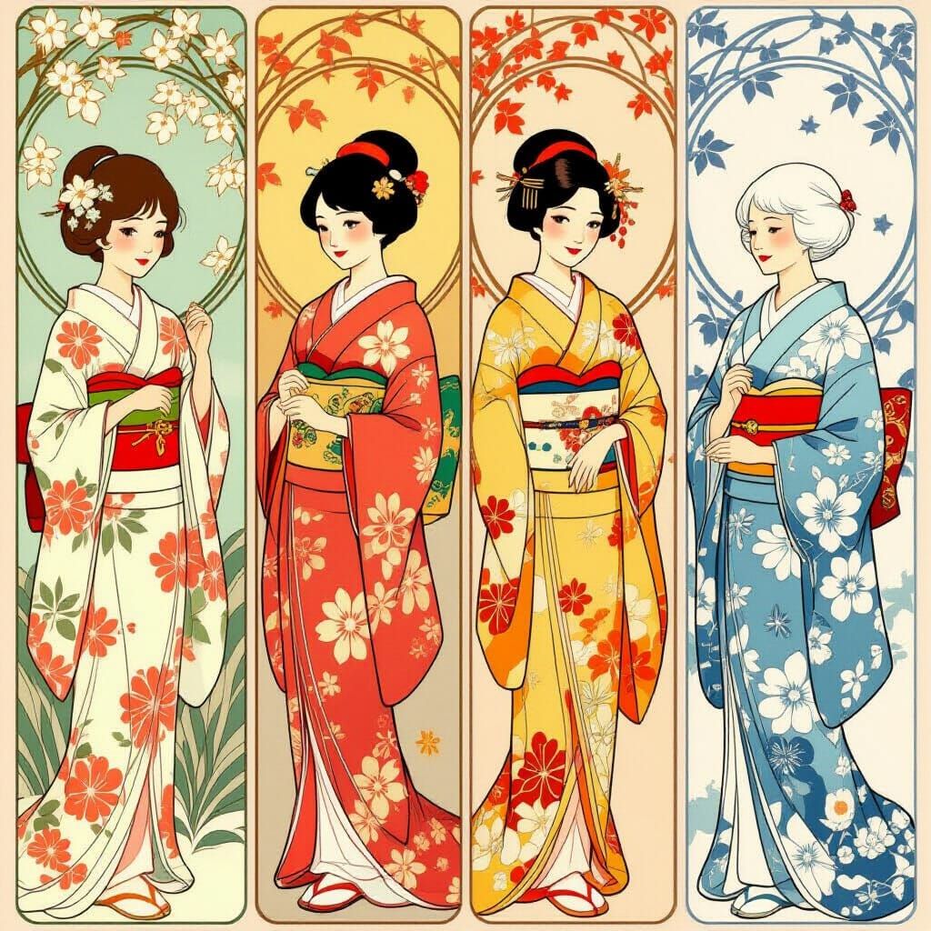 Four Seasons Kimono: Alphonse Mucha and Miyazaki Style