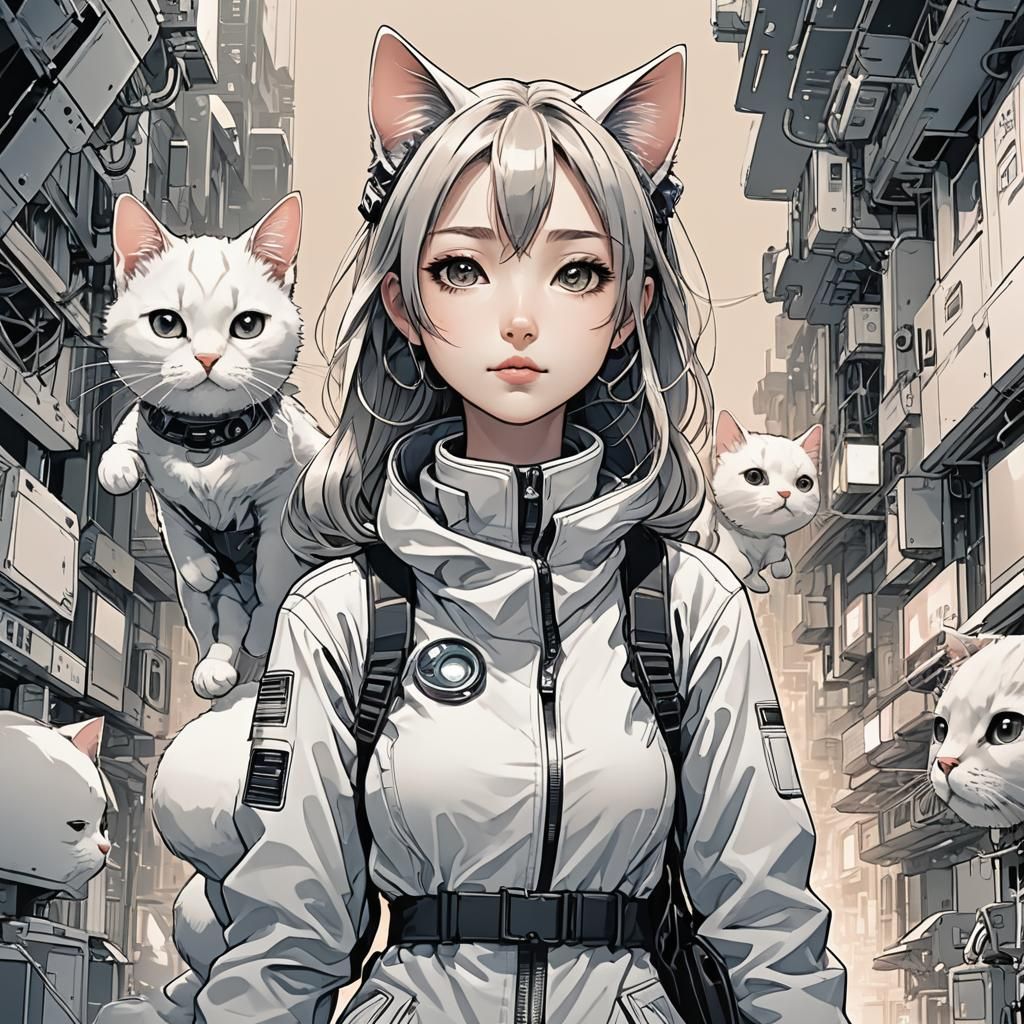 Futuristic Manga Woman with Cute Cat