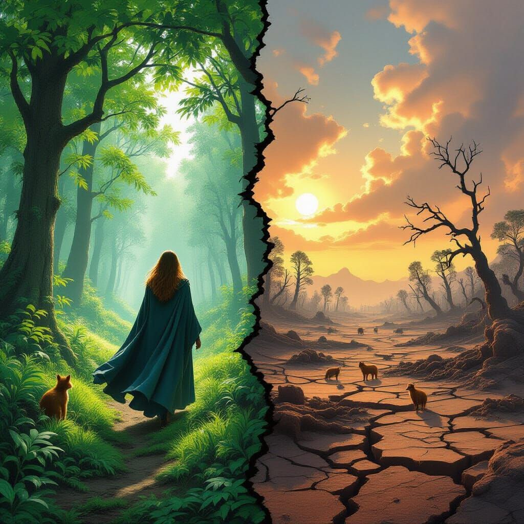 Lush Forest Meets Barren Wasteland in Hyperrealistic Style