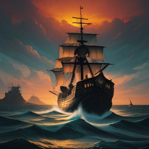 Pirate Captain Standing Heroically on a Majestic Galleon