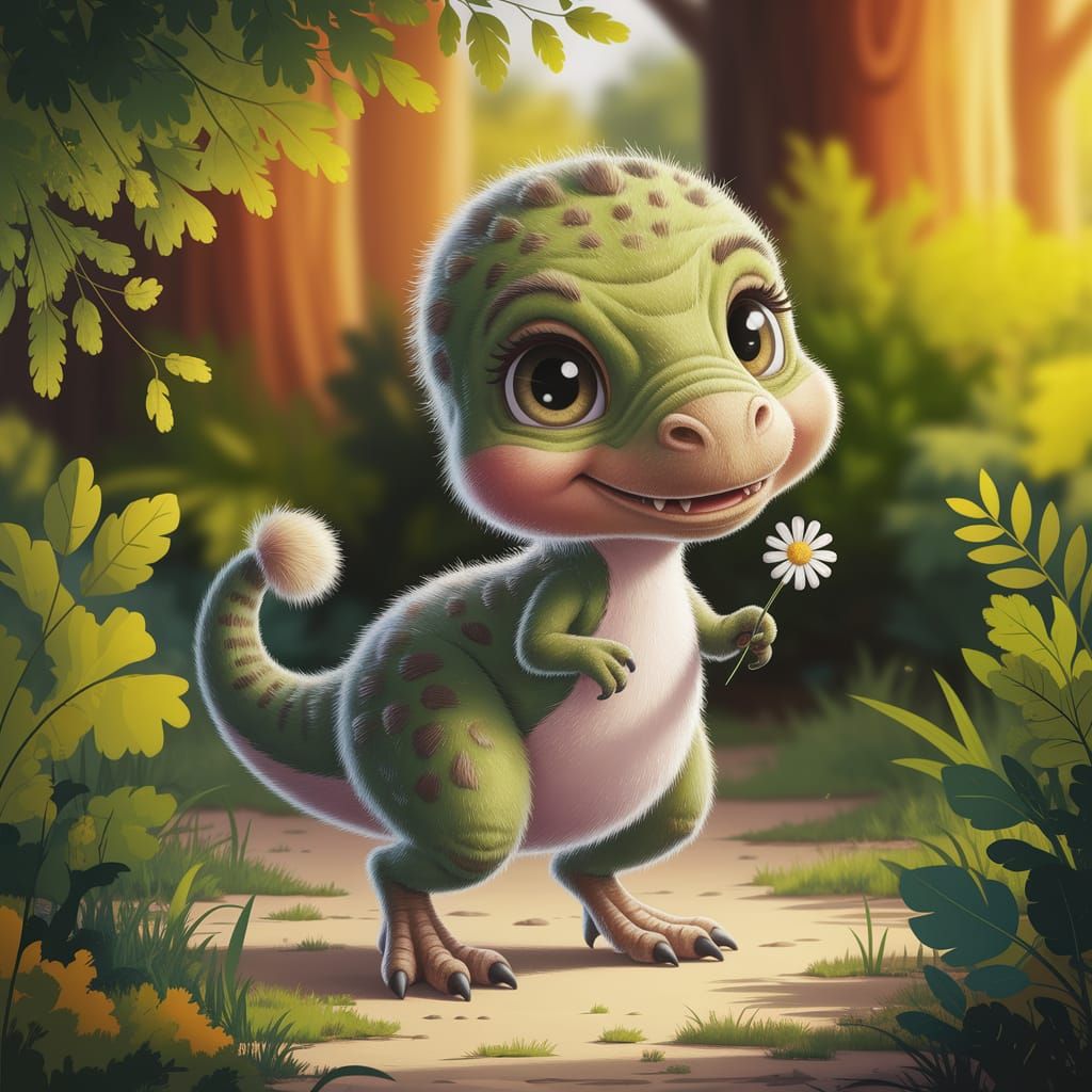 Adorable Feathered T-Rex in Sunlit Forest