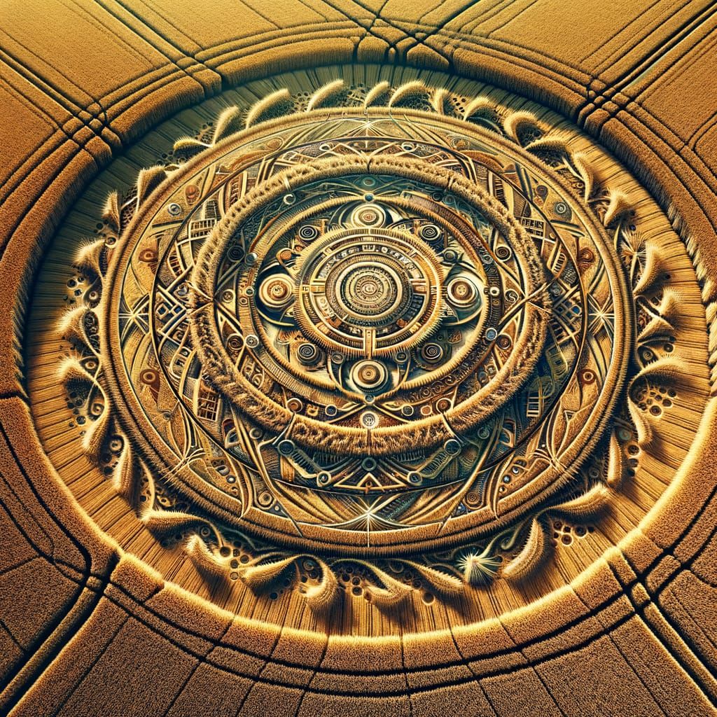 Complex Crop Circle Design in Golden Wheat Field