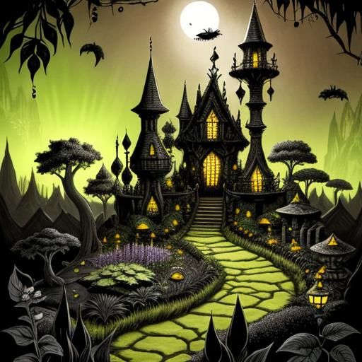 Magical Botanical Garden in Black Ink and Color