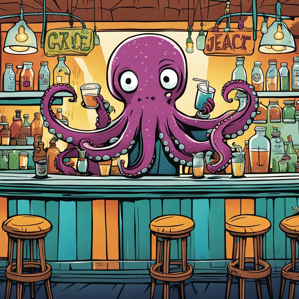 Octopus Bartender in a Comic Book Juice Bar