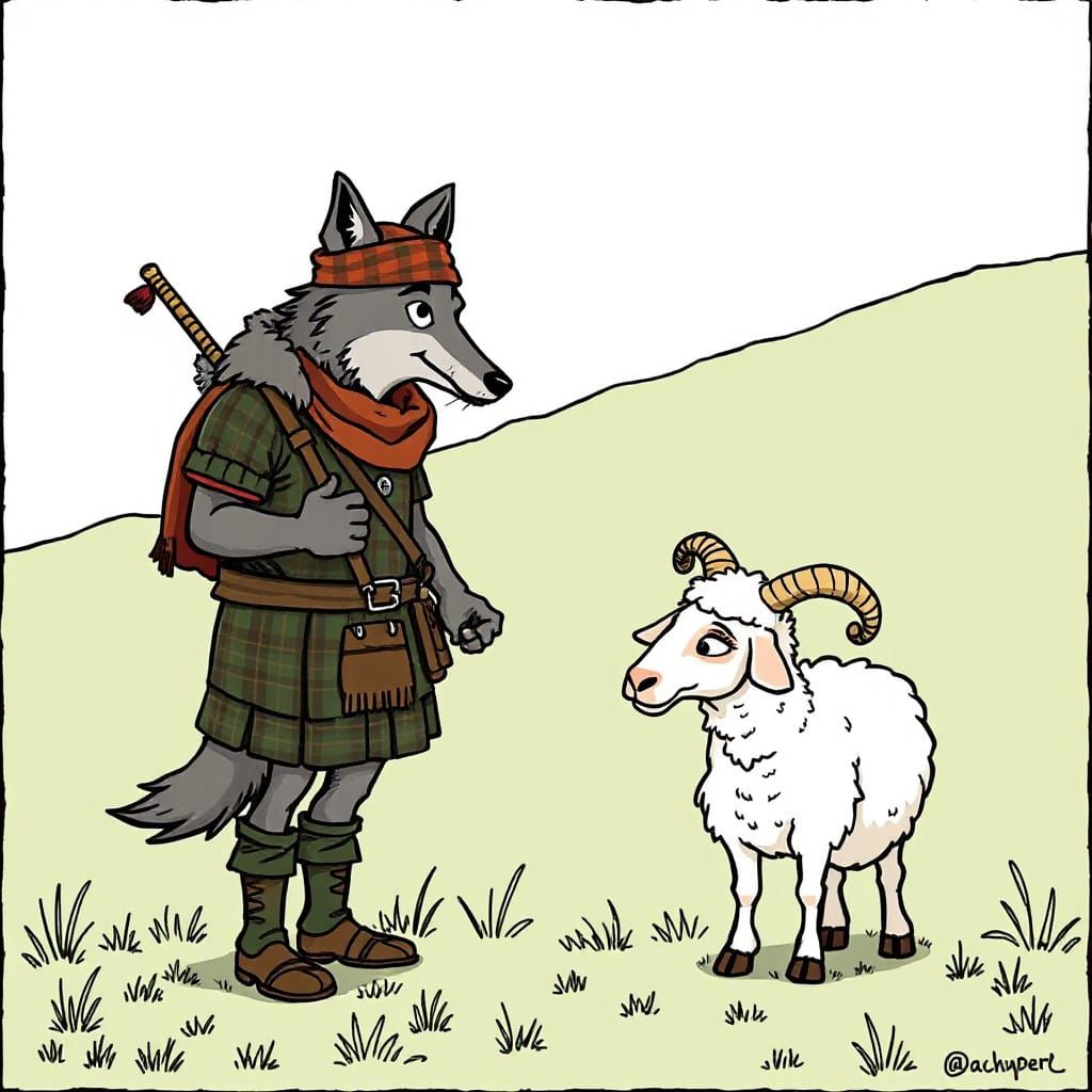 Wolf in Highlander Gear Confronts Sheep
