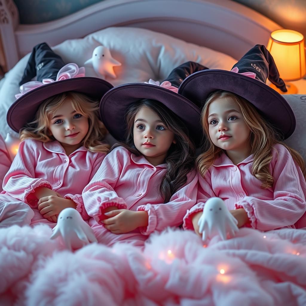 Witches' Slumber Party with Ghosts in Dreamy Bedroom