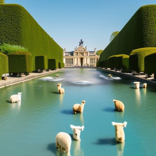 Alpacas Bathing in Versailles Fountains: Surreal Horror Art