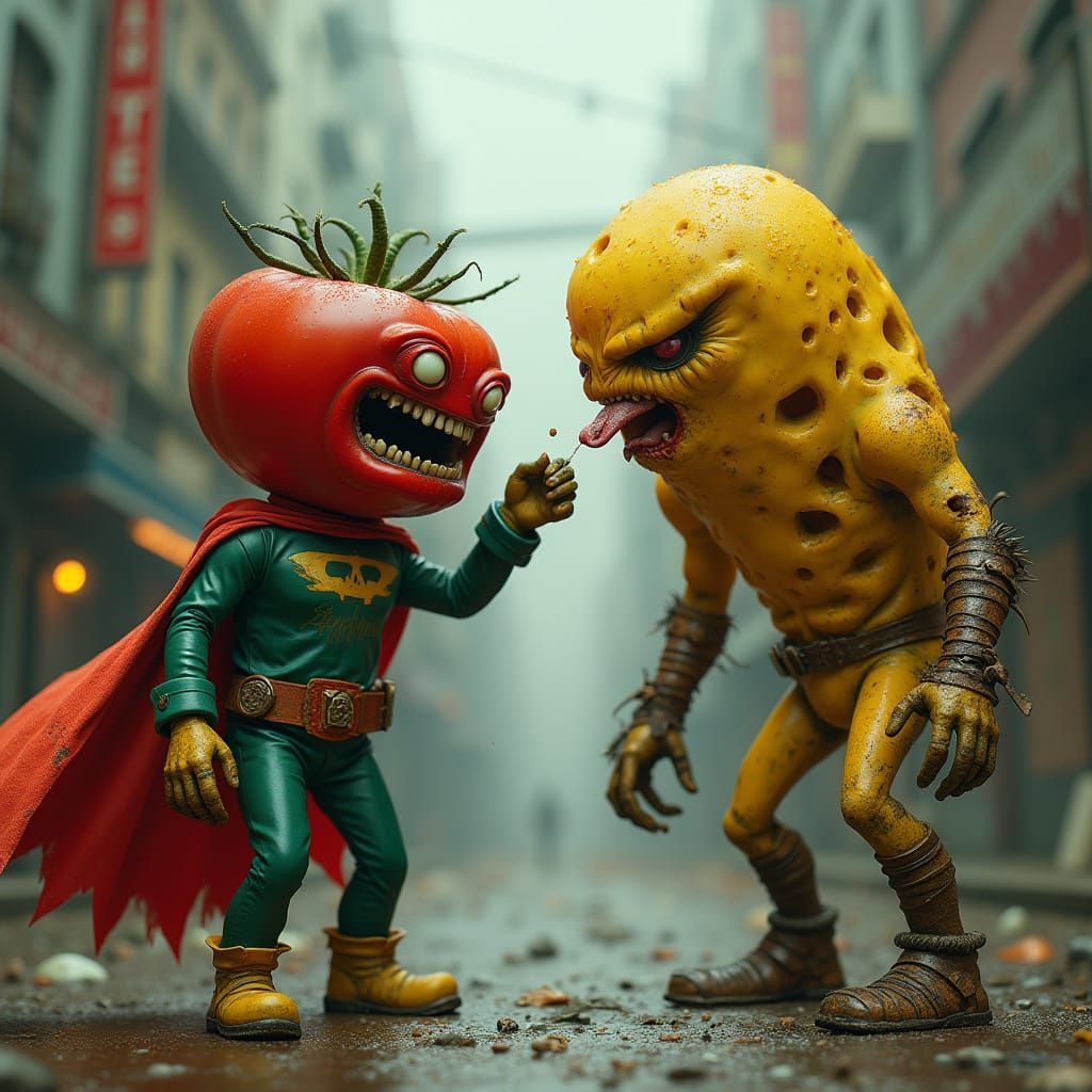 Tomato Superhero Eats Cheese Monster in Gritty Digital Art
