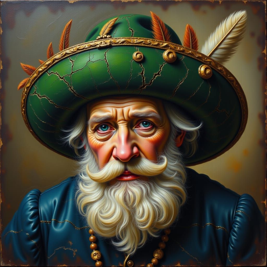 Old man wearing a green velvet hat with feathers, oil, crack...