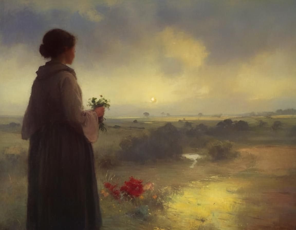 Woman Walking in Field at Sunrise: Tonalist Style