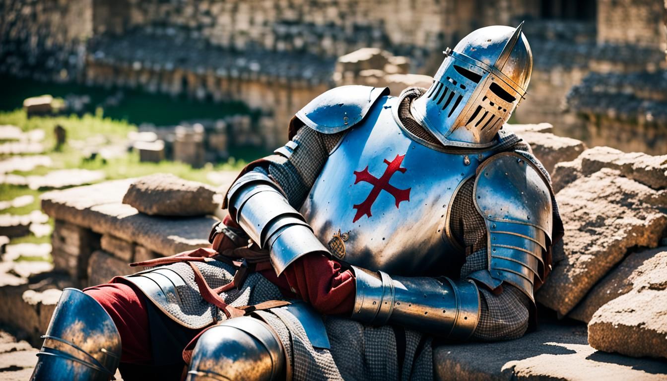 Tired Crusader Knight Rests in Castle Ruins