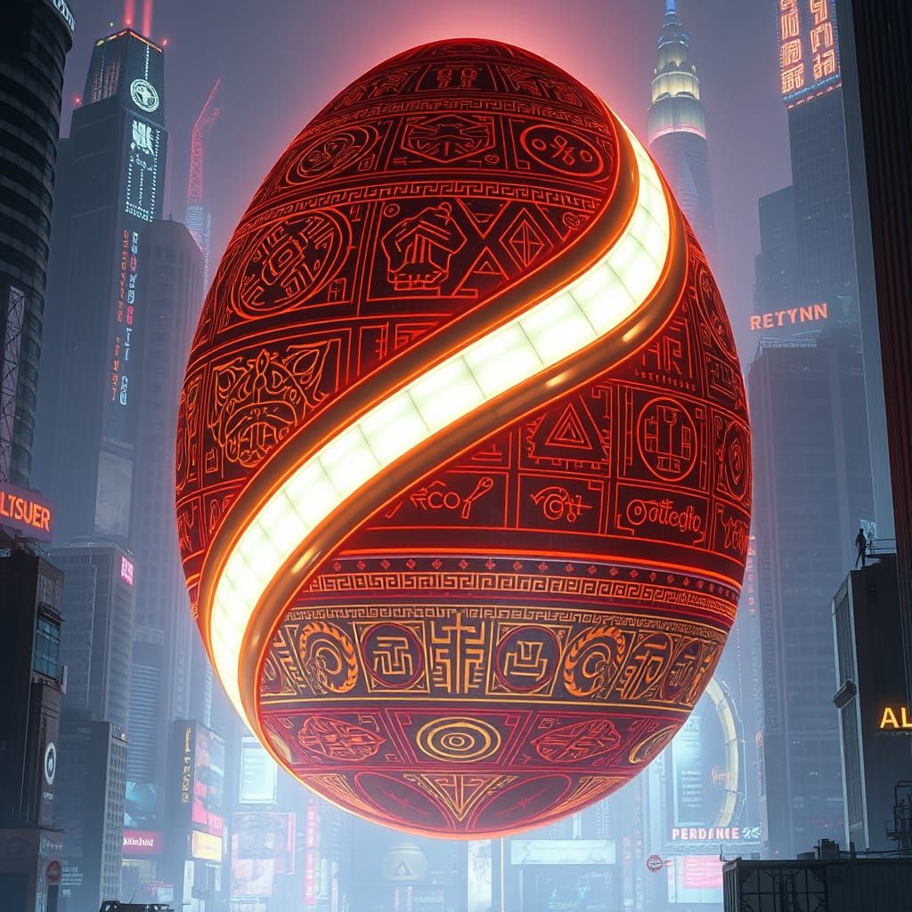 Surreal Futuristic Egg Sits Serenely in Neon Cityscape