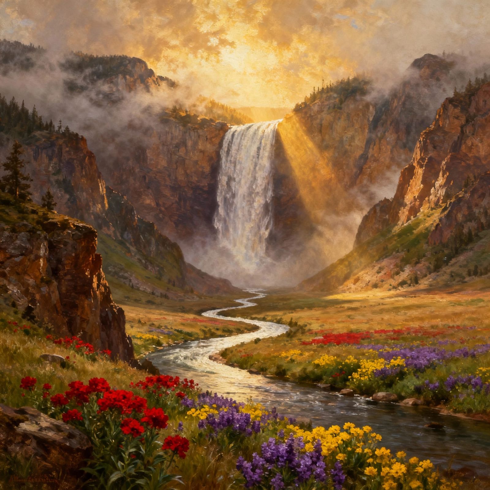 Yellowstone Falls Oil Painting in Romantic Style