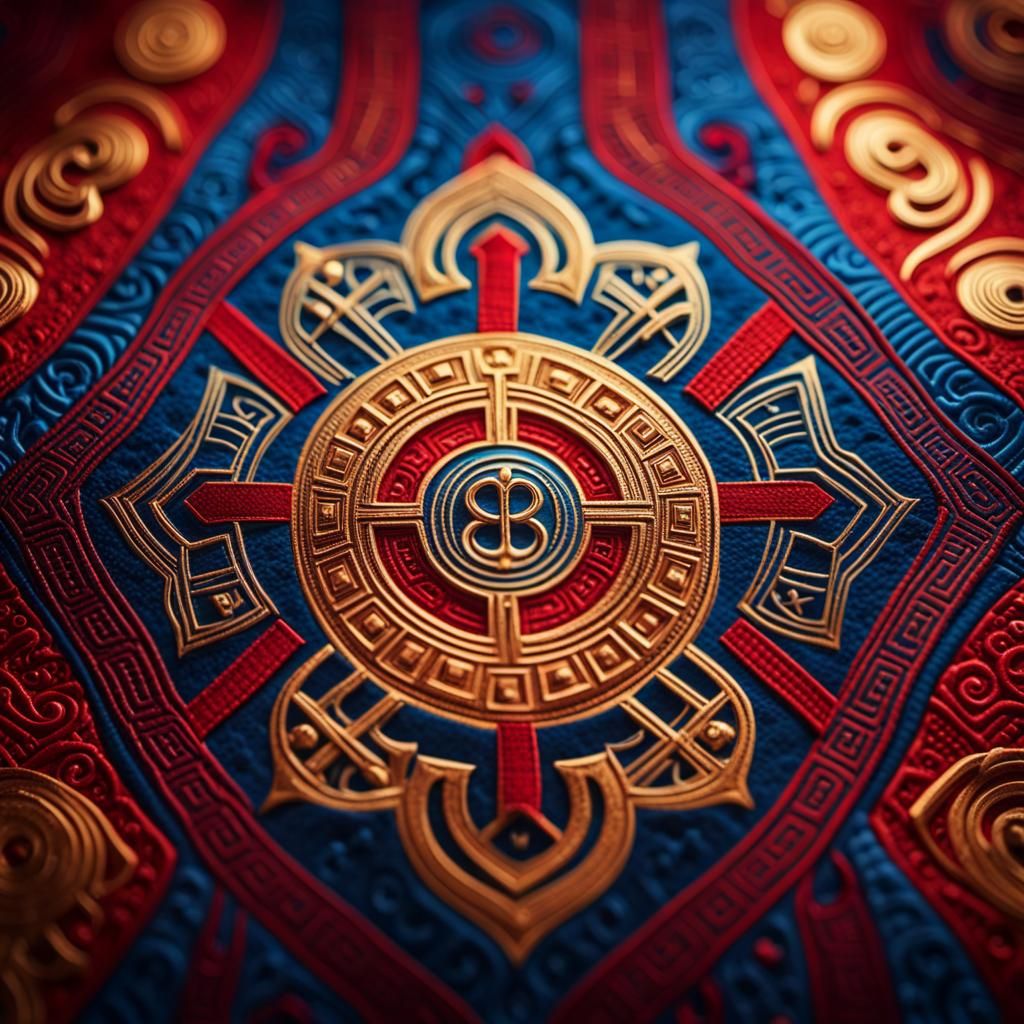 Vibrant Afrofuturist Textile with Mantra and Adinkra Pattern