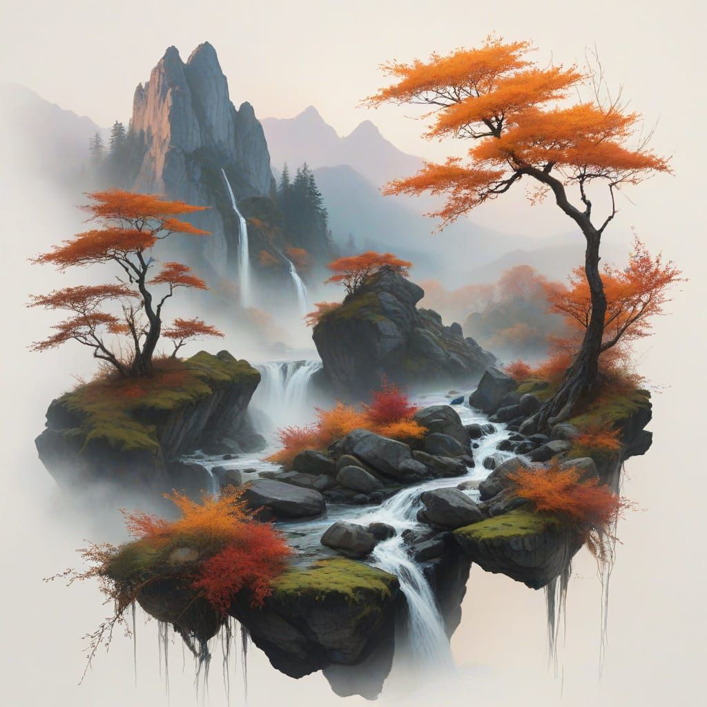 Autumn Twilight River Scene in Dreamy Impressionism Style