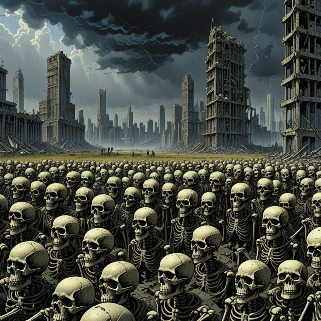 Dark Apocalypse Landscape with Ruined Skyscrapers and Field ...