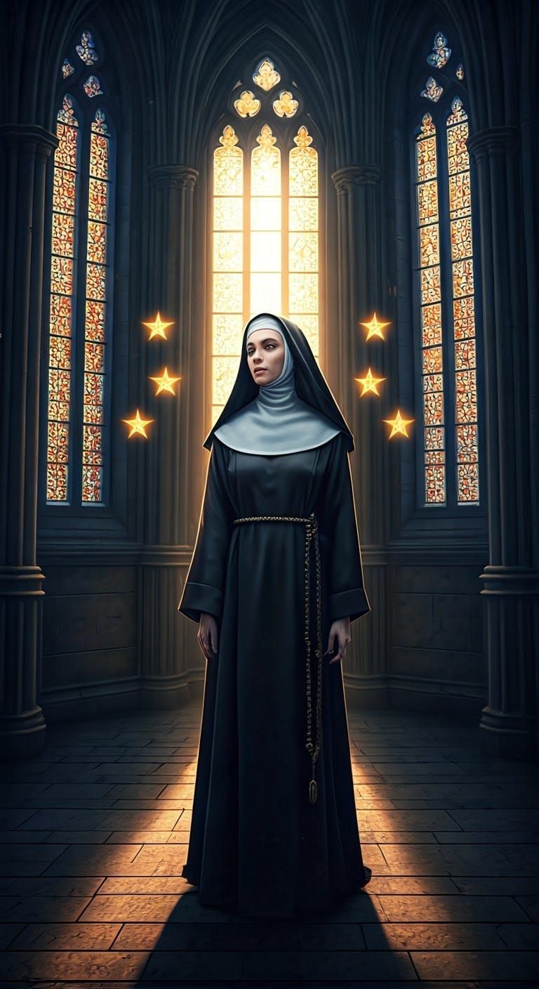 Medieval Nun in Castle with Starry Light