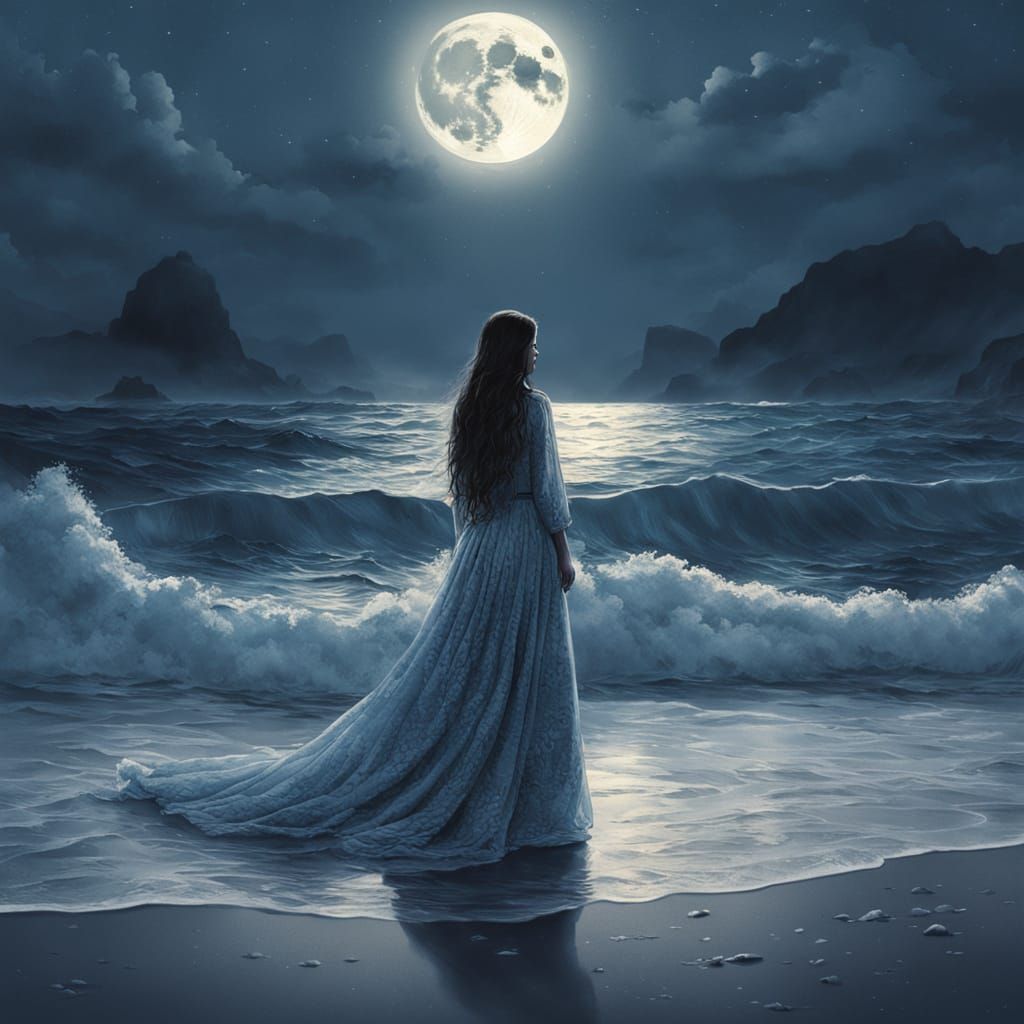 Woman at Ocean Edge Under Full Moon Double Exposure
