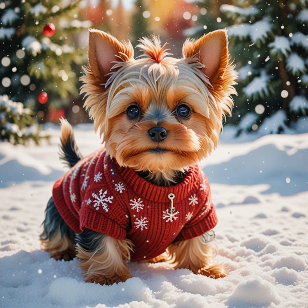 Whimsical Watercolor Yorkie Puppy in Snowy Yard