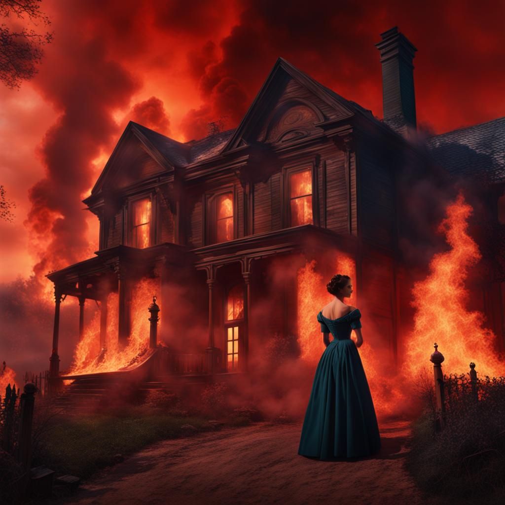 Victorian Scarlett: Burning House Drama in Matte Painting