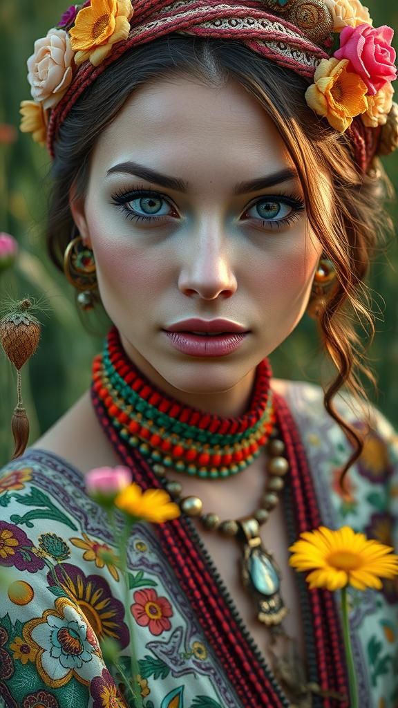 Hyperrealistic Portrait of Woman in Bohemian Clothing