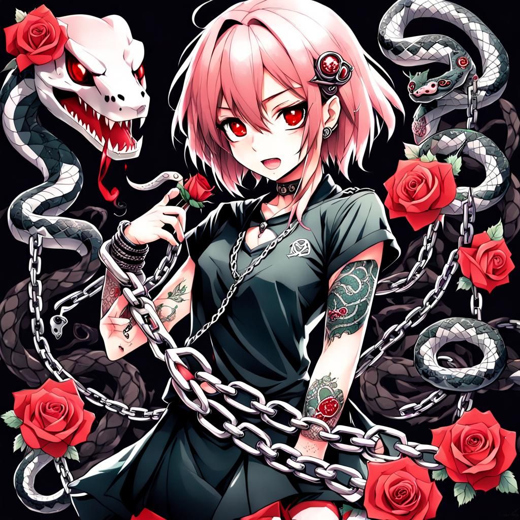 Anime Tattoo Design with Fangs, Chain, Rose, Snake