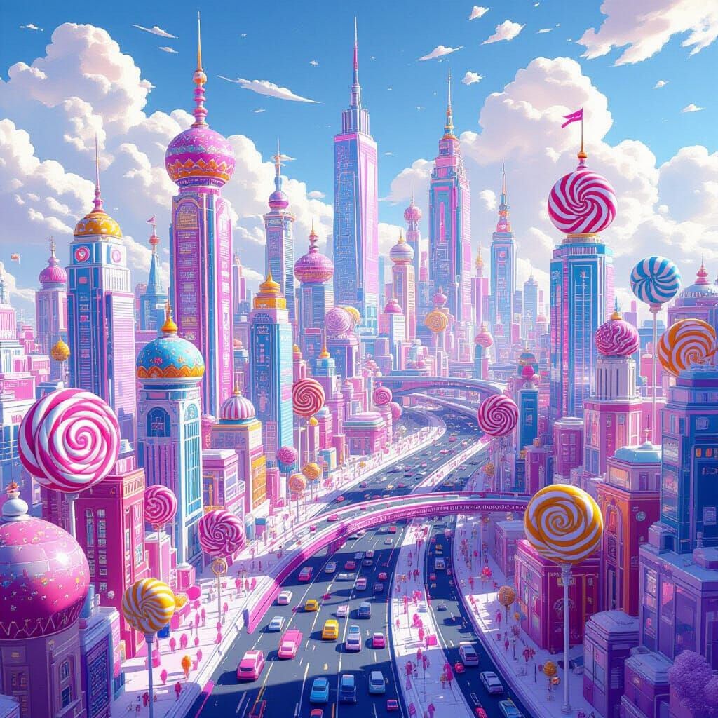 Lollipop Cityscape: A Sugary Metropolis in Ethereal Style
