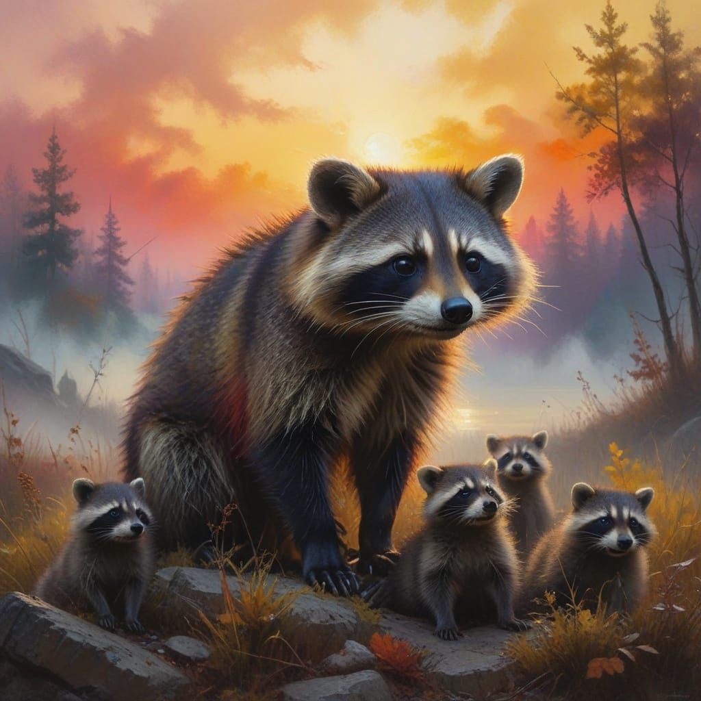 Vibrant Autumn Raccoon Family in Ethereal Sunset