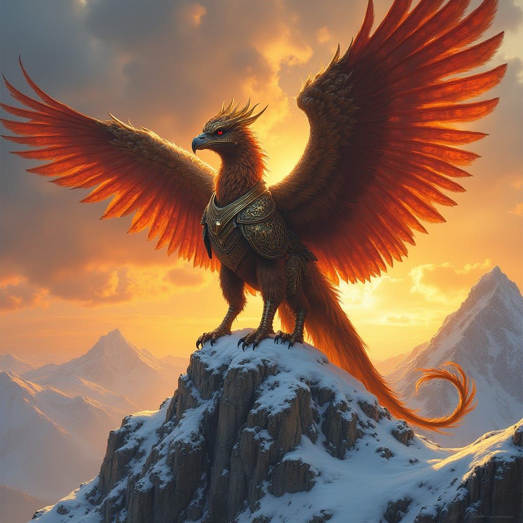 Armored Griffin on Mountain Peak at Sunset