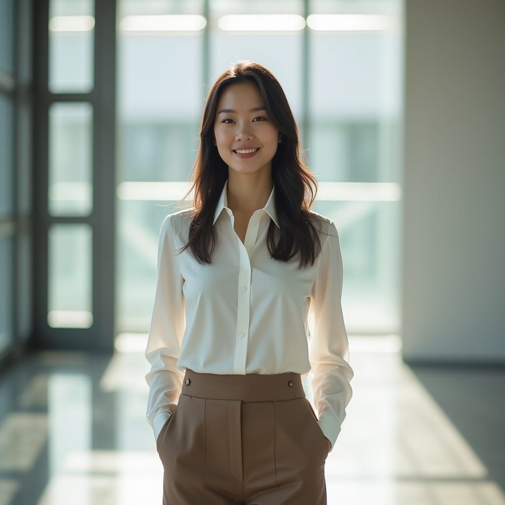 Professional Woman in Office Lobby, Hyperrealistic Photo