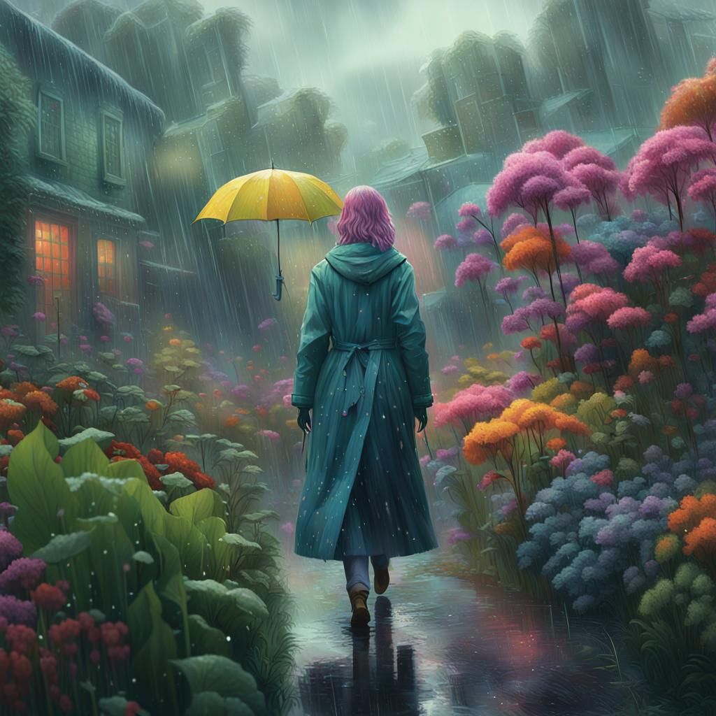 Woman in Lush Garden on Rainy Day