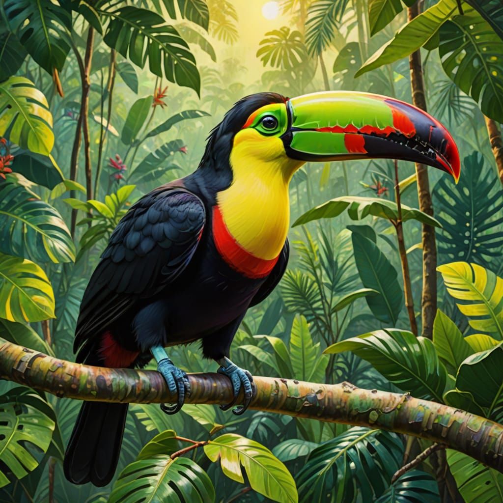 Keel-Billed Toucan in Tropical Oil Painting