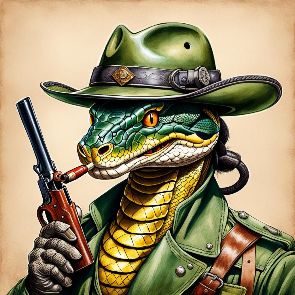 Brazilian Snake Smokes Pipe in WWII Helmet